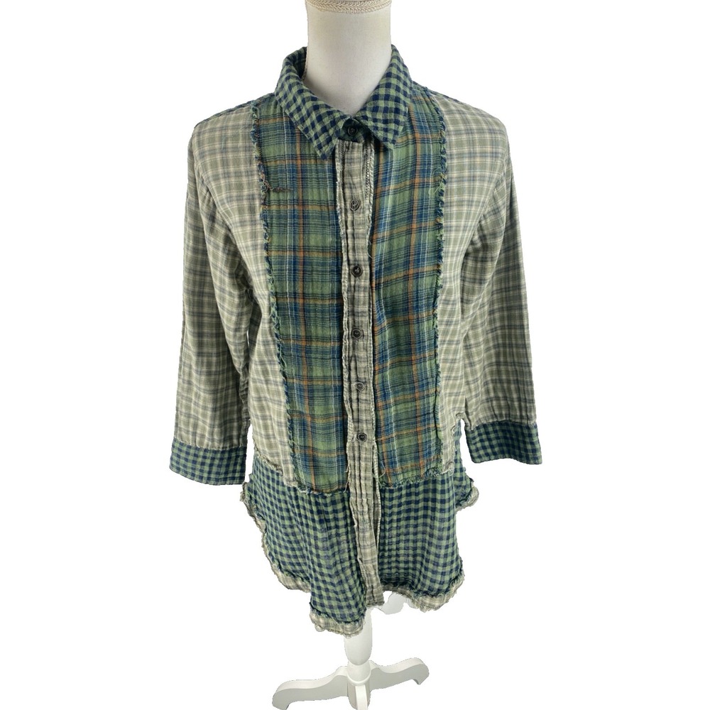 Paper Lace Womens M Cotton Gauze Boho Lagenlook Colorblock‎ Plaid Tartan Blouse
